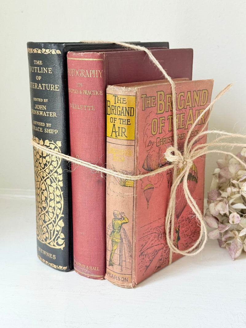 Vintage decorative book bundle in red and black with gilt detailing tied with twine, photographed on a white surface