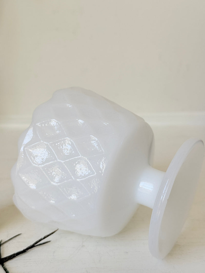 Vintage milk glass footed bowl with scalloped rim and pressed pattern, photographed on a white surface