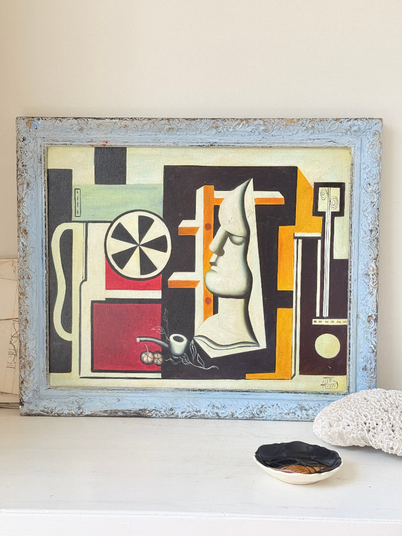 Original oil on canvas laid on board still life after Fernand Léger with plaster mask, coffee pot and pale blue frame