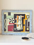 Original oil on canvas laid on board still life after Fernand Léger with plaster mask, coffee pot and pale blue frame