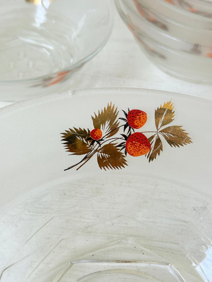 Vintage strawberry glass dessert set with serving bowl and six bowls hand decorated with berries and gold