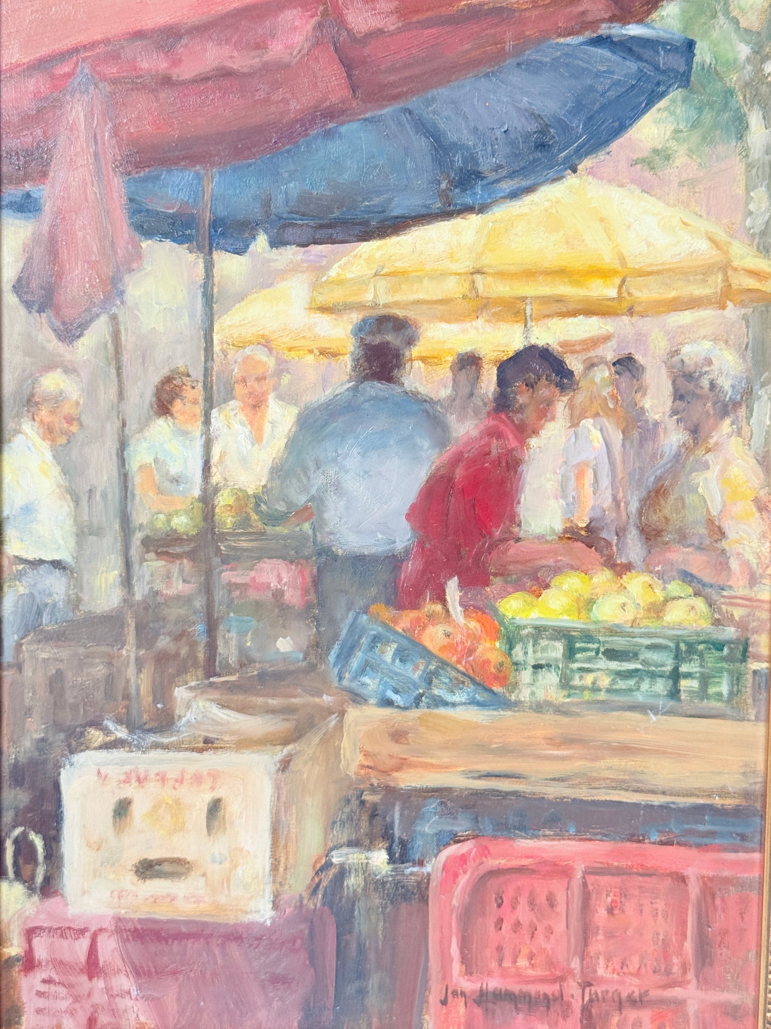 Impressionist oil on board of a busy fruit market with figures and awnings in a gilt frame