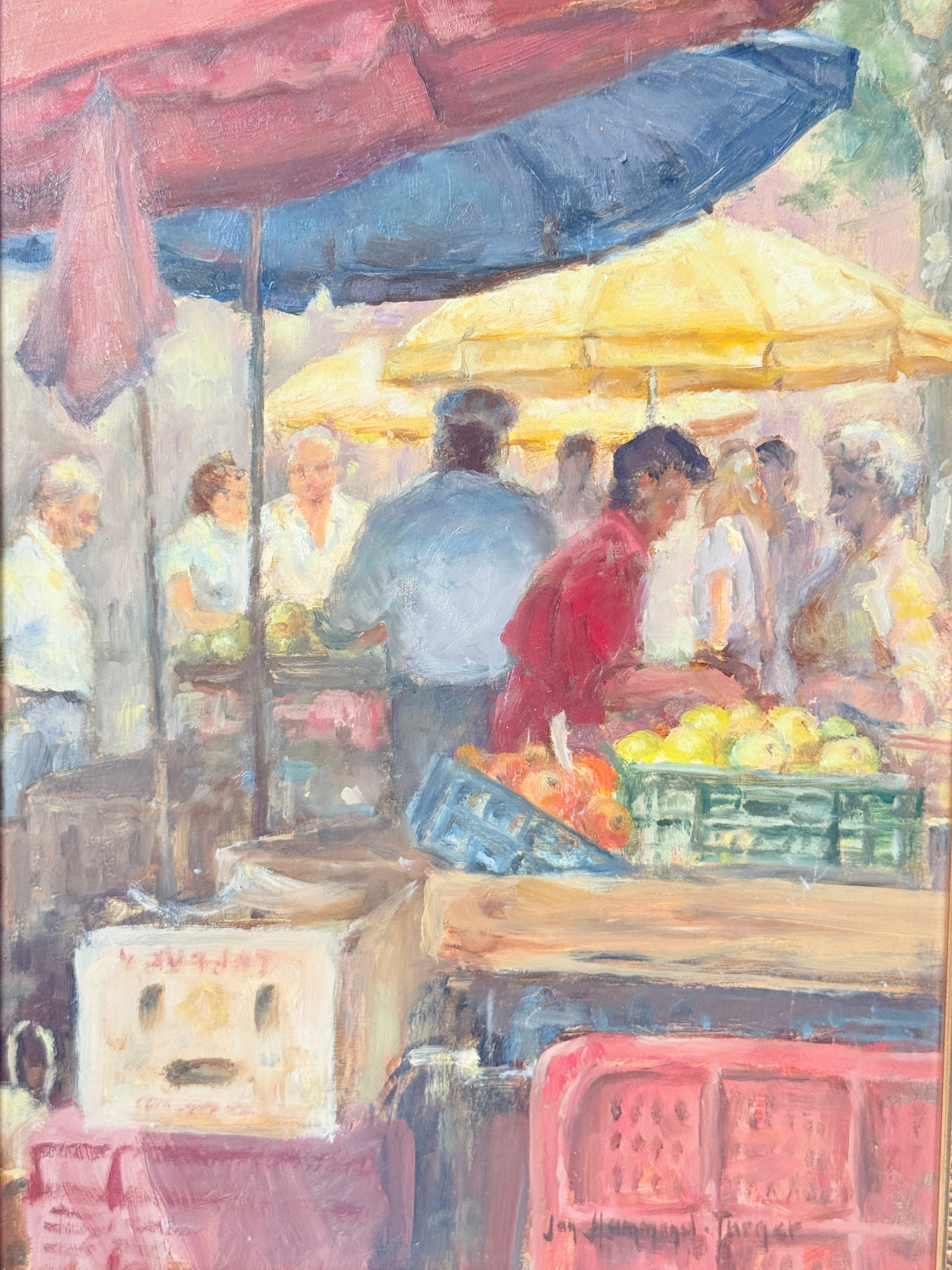 Impressionist oil on board of a busy fruit market with figures and awnings in a gilt frame