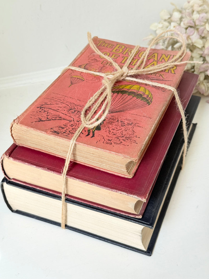 Vintage decorative book bundle in red and black with gilt detailing tied with twine, photographed on a white surface