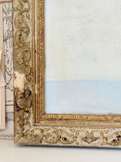 Original oil on canvas laid on board geometric modernist composition with bold colour blocks and ornate gold cream frame