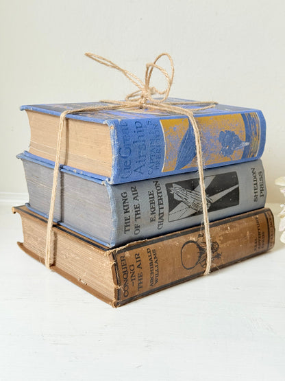 Vintage book bundle in blue, brown, and cream with printed lettering, tied with twine, photographed on a white surface
