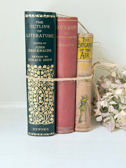 Vintage decorative book bundle in red and black with gilt detailing tied with twine, photographed on a white surface
