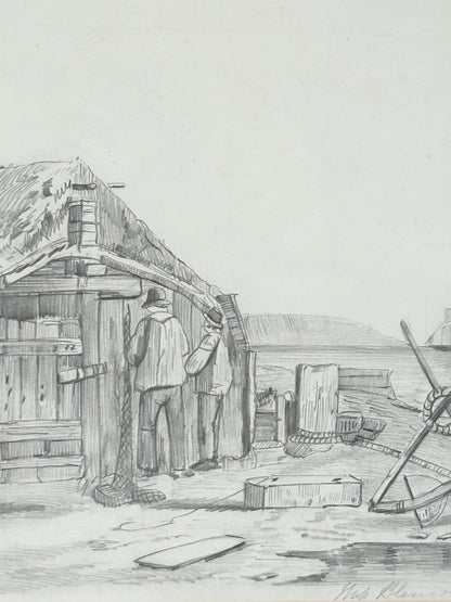 Vintage pencil drawing of rural scene with outbuildings and figures, under glass in black wooden frame, photographed on white surface.