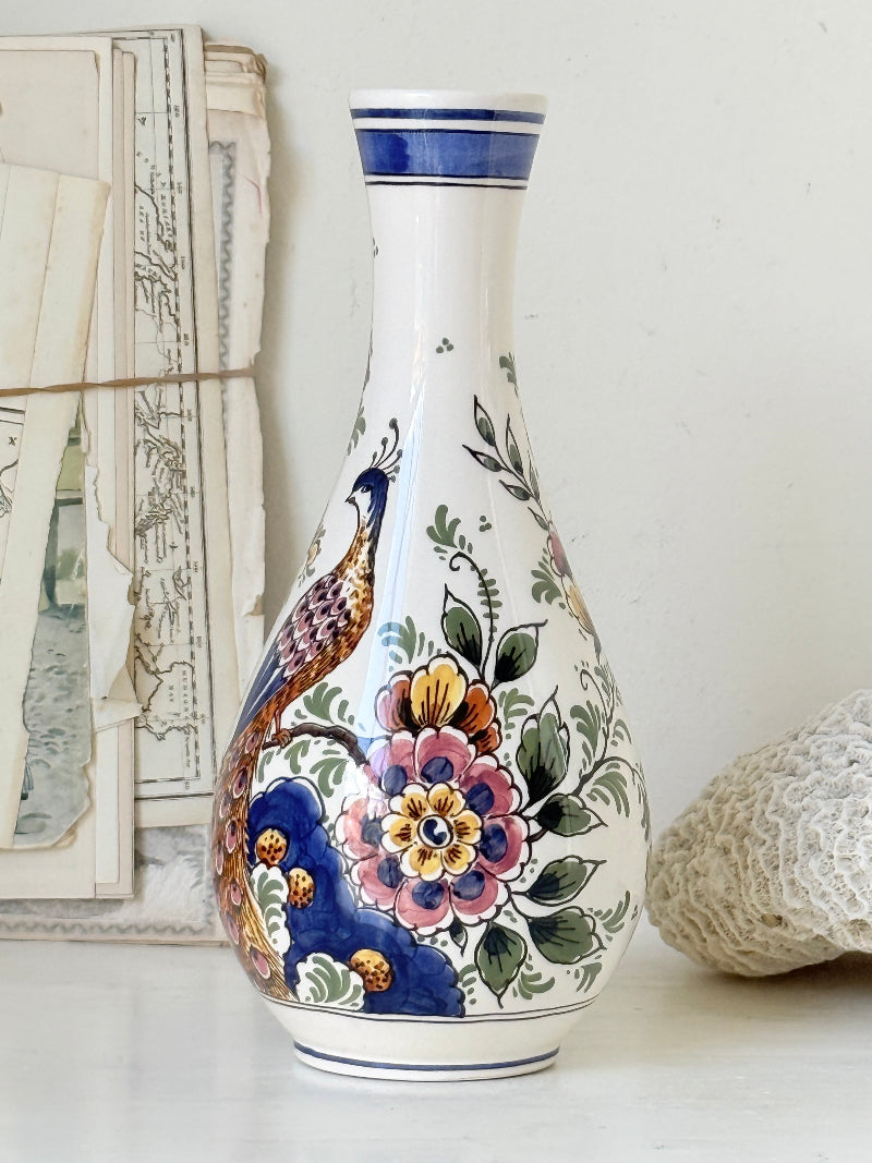 Dutch Delft polychrome vase by De Delftse Pauw hand painted with a peacock and flowers on white