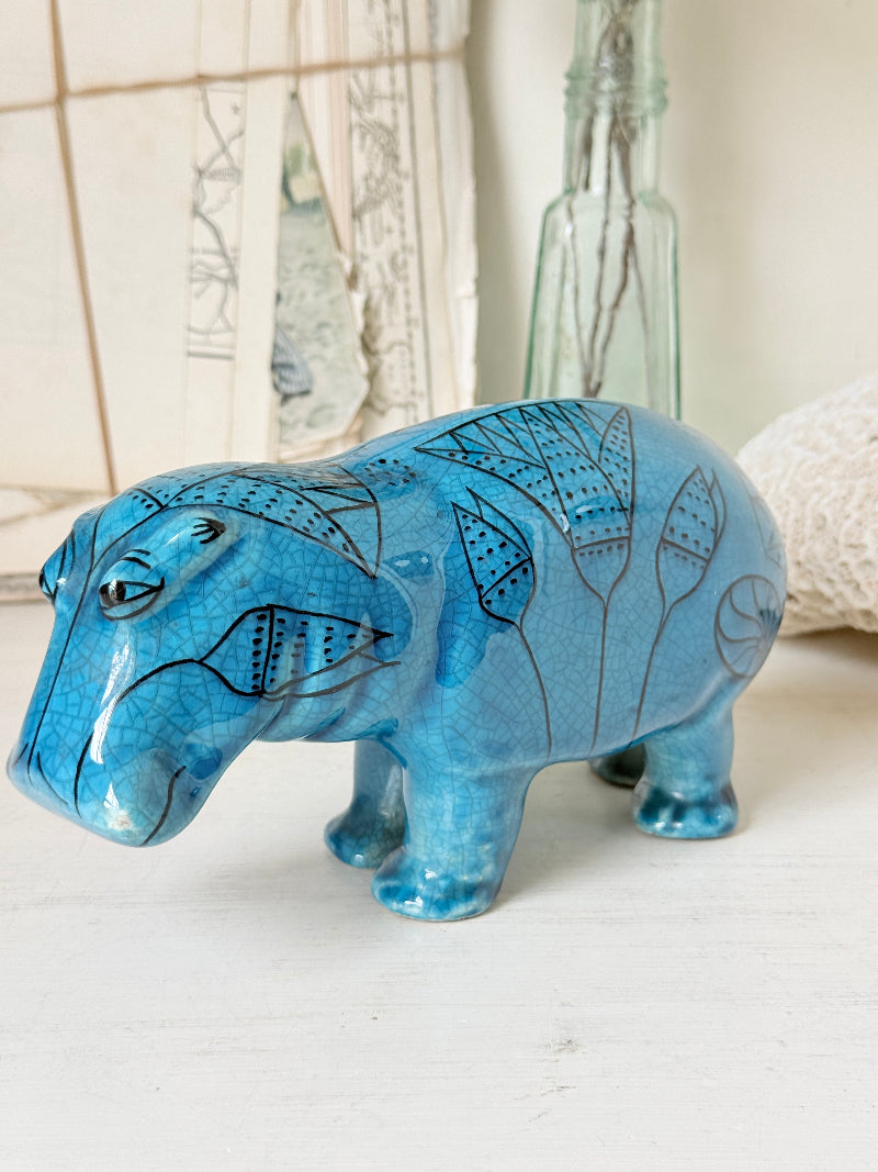Official Metropolitan Museum William the Hippo reproduction, blue Egyptian figurine with black lotus decoration