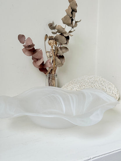 Large vintage white matt glass swirl ruffle bowl photographed on a white surface