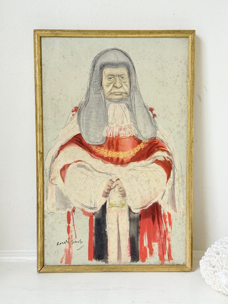 Vintage framed print of judge in ceremonial robes with humorous grumpy expression, photographed on a white surface

