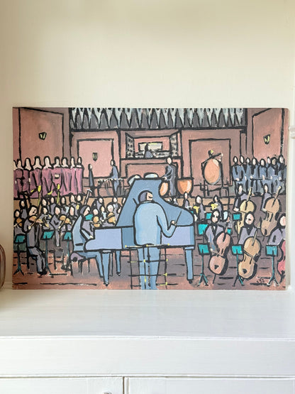 Vintage orchestral oil painting on board showing conductor and musicians, unframed, photographed on white surface.