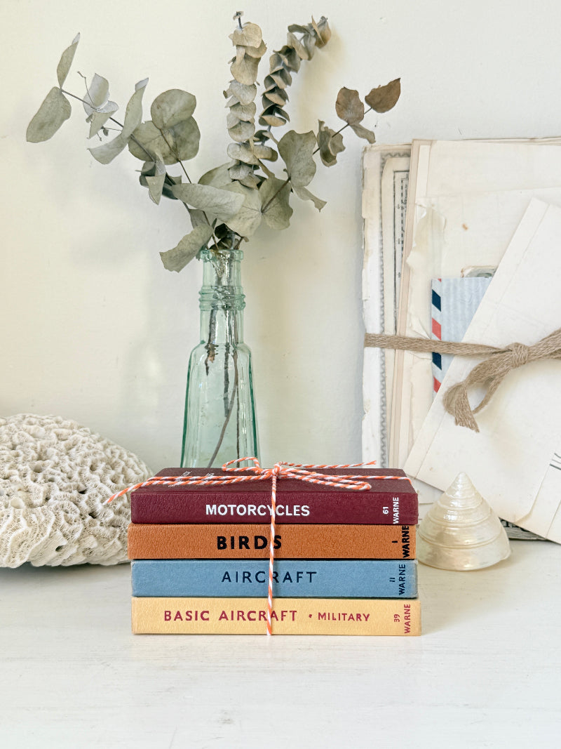 A stack of four vintage-style books titled &