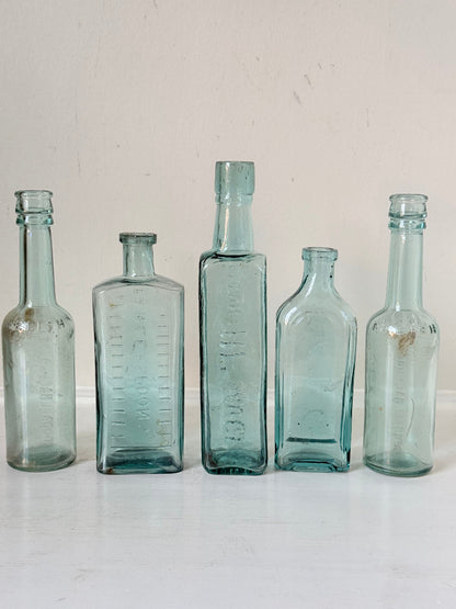 Set of five antique aqua glass bottles with embossed lettering, photographed on a white surface with dried stems