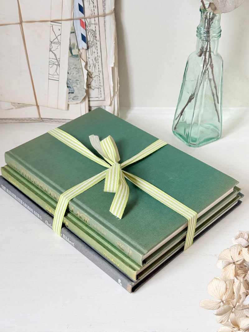 A stack of green hardcover books tied with a pale yellow and white striped ribbon, styled on a white surface with a vintage glass bottle and dried flowers in the background.
