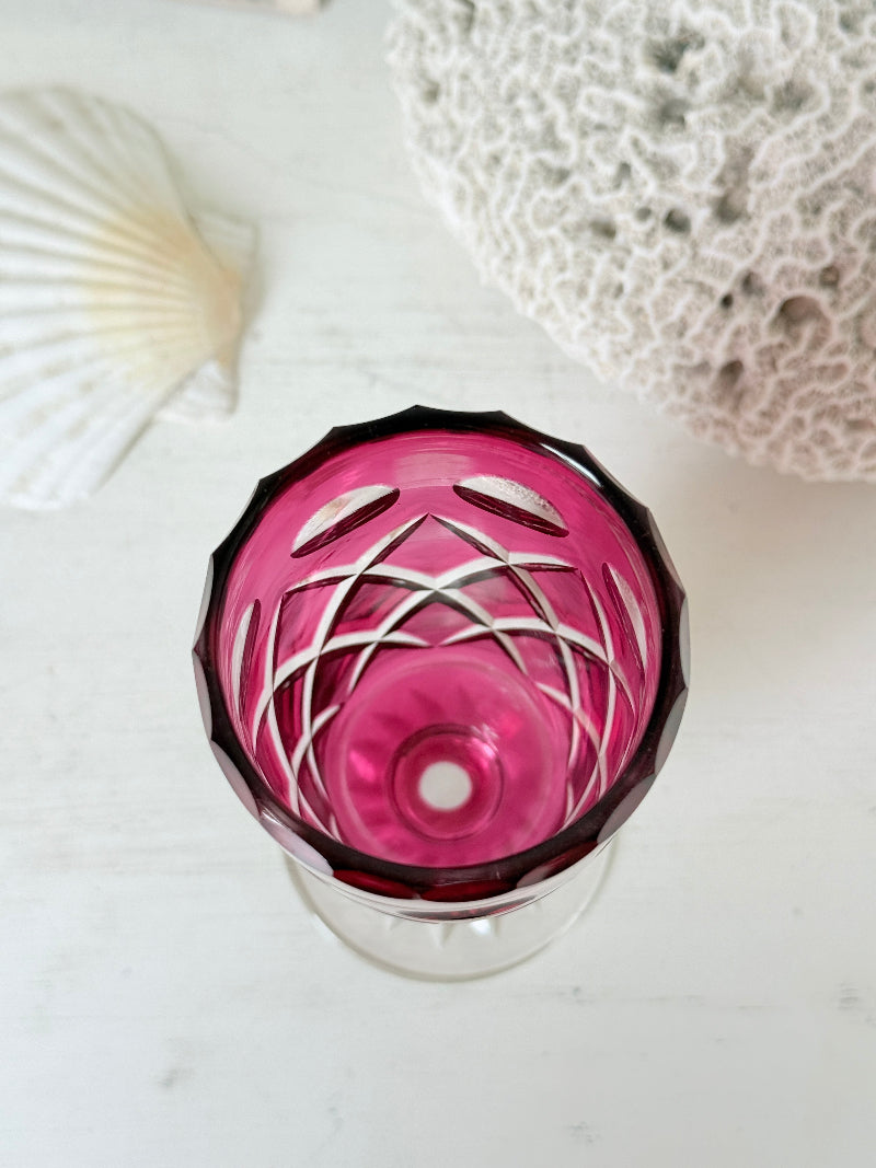 Antique cranberry cut to clear glass vase or goblet with diamond lattice pattern, clear pedestal foot and deep pink glass