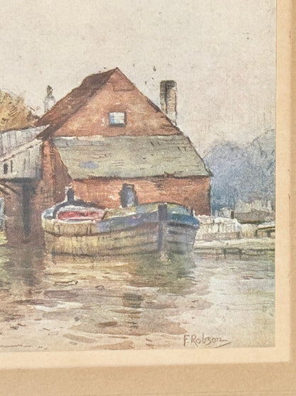 Vintage framed print of riverside mill by F Robson, gilt frame with blue mount, rustic water scene, photographed on white surface.