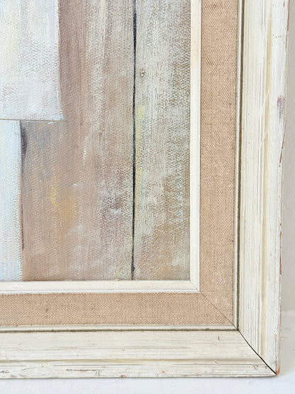 Original oil on board modernist still life with Cubist style vessels, geometric forms and ornate gold cream frame
