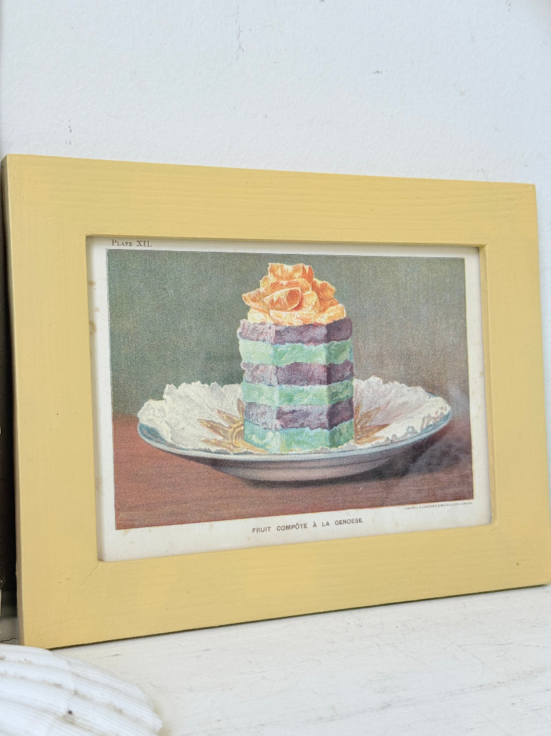 Framed antique Victorian cookery illustration from Cassell’s New Universal Cookery Book showing Fruit Compote à la Genoese
