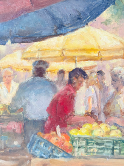 Impressionist oil on board of a busy fruit market with figures and awnings in a gilt frame