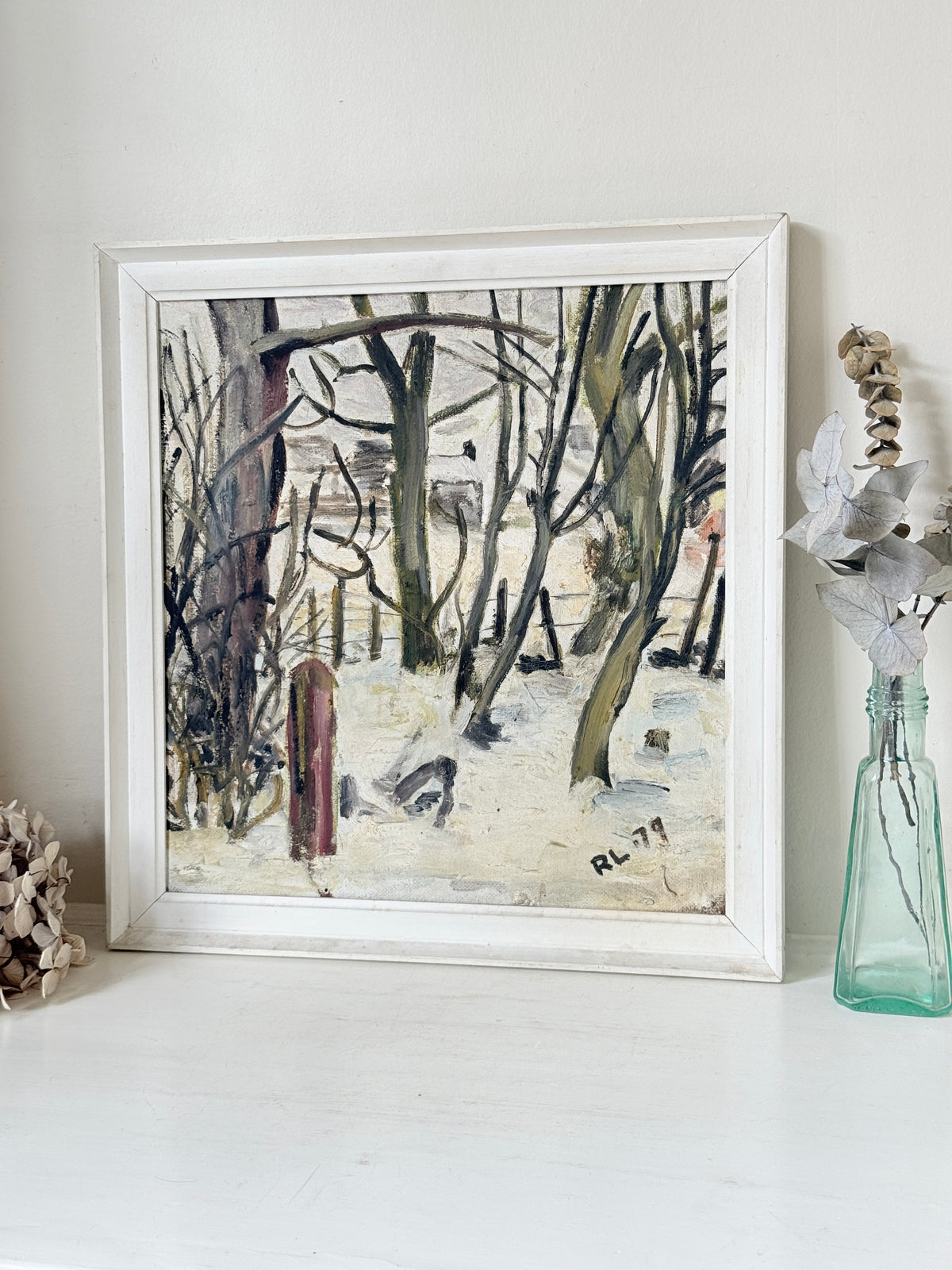 1970s Winter Woodland Oil Painting in White Frame, Signed RL 79