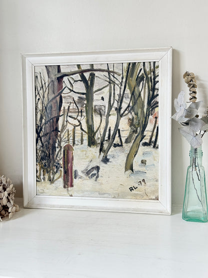 1970s Winter Woodland Oil Painting in White Frame, Signed RL 79
