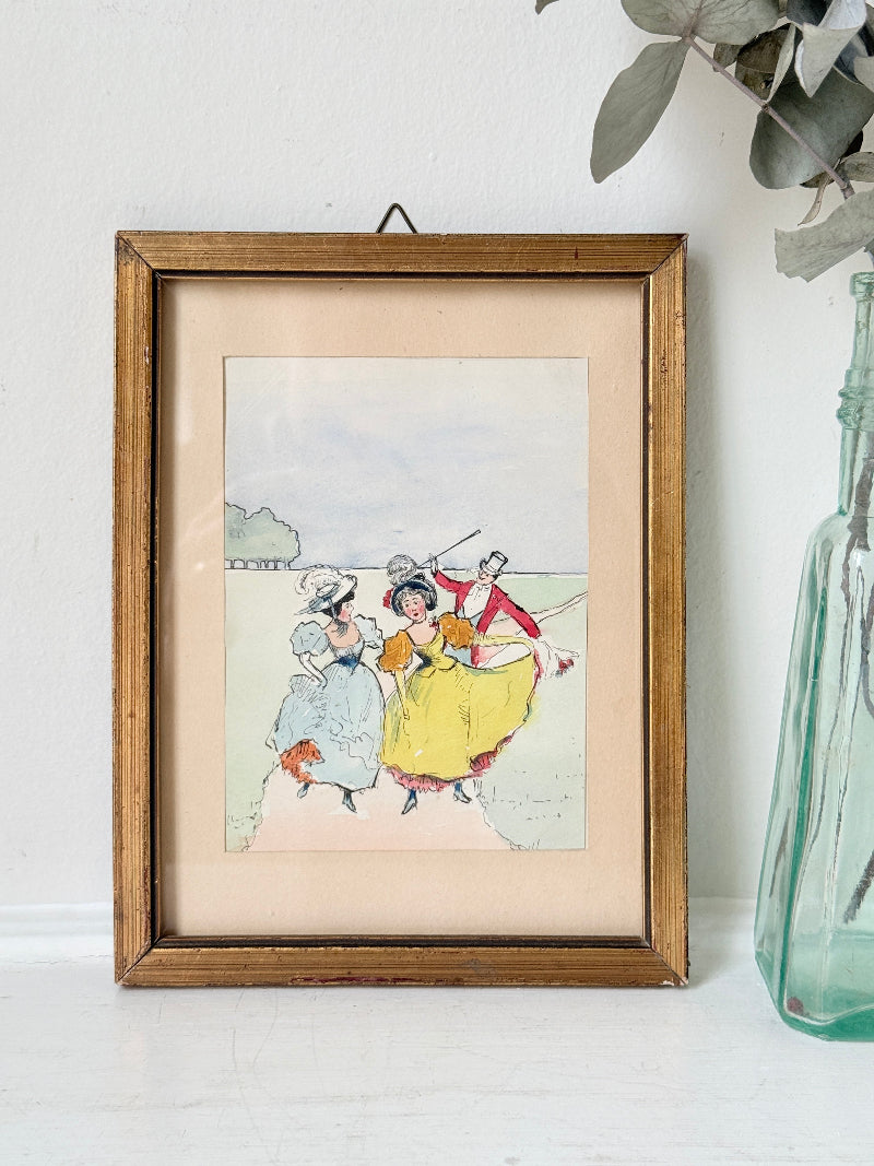 Cheeky colourful watercolour of a gentleman and ladies in period costume, in a wooden frame