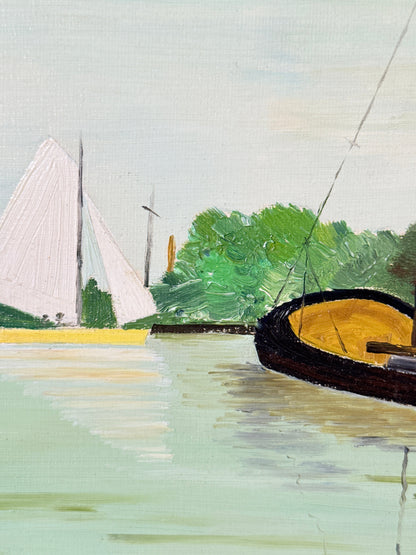 Impressionist-style painting of a calm waterway with a white-sailed boat on the left, a dark rowboat with a yellow interior on the right, green trees, and a pale sky.