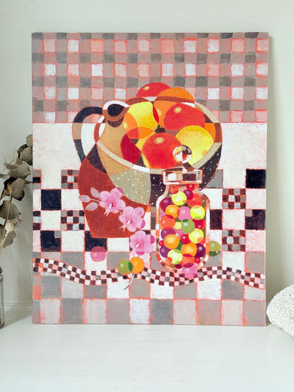 Ben Manchipp cubist still life oil on board with fruit and vessels, photographed on white surface.