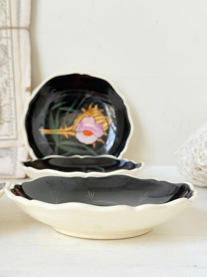Set of 4 vintage Henriot Quimper faience plates with hand painted shells, starfish, seaweed and black ground decoration