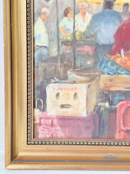 Impressionist oil on board of a busy fruit market with figures and awnings in a gilt frame
