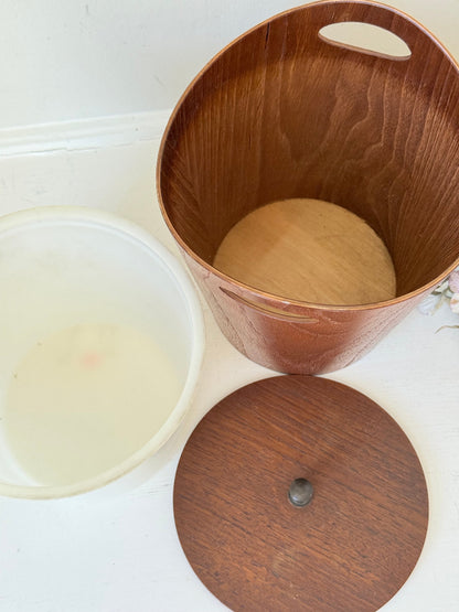Vintage Swedish teak ice bucket with lid and white liner, photographed on a white surface
