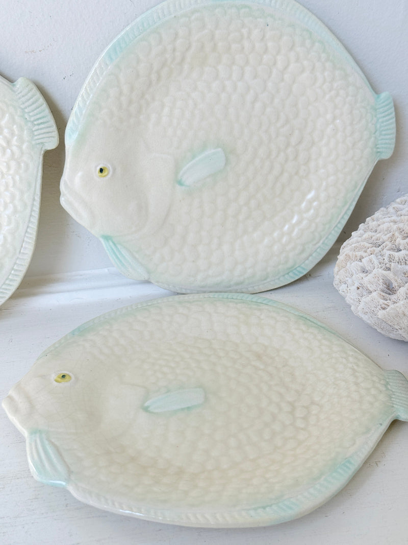 Set of five vintage Shorter and Son fish side plates in cream with pale green detail, photographed on a white surface