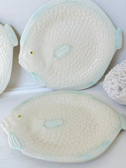 Set of five vintage Shorter and Son fish side plates in cream with pale green detail, photographed on a white surface
