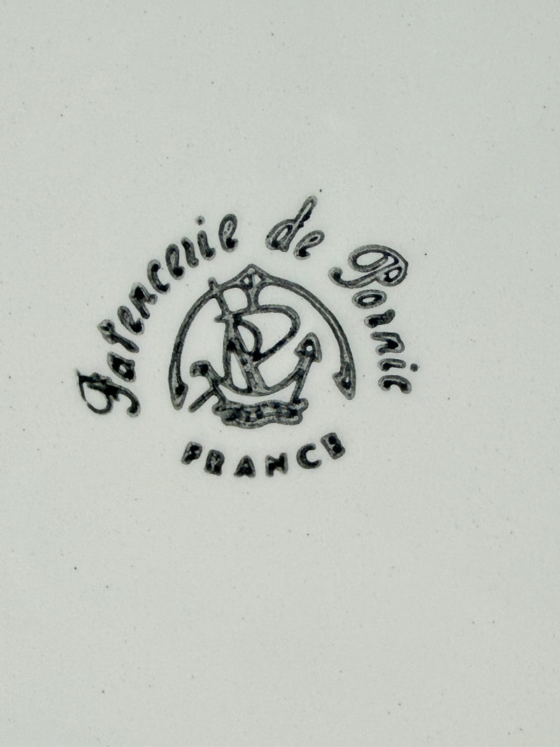 Vintage French ceramic serving plate by Faïencerie de Pornic with Quimper style Breton couple design and blue scalloped rim