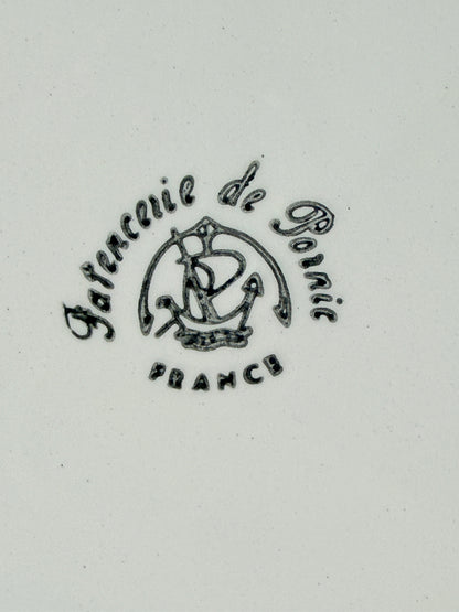Vintage French ceramic serving plate by Faïencerie de Pornic with Quimper style Breton couple design and blue scalloped rim