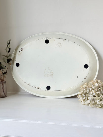 vintage hand painted metal tray with bold floral design in pink, red, white and gold border
