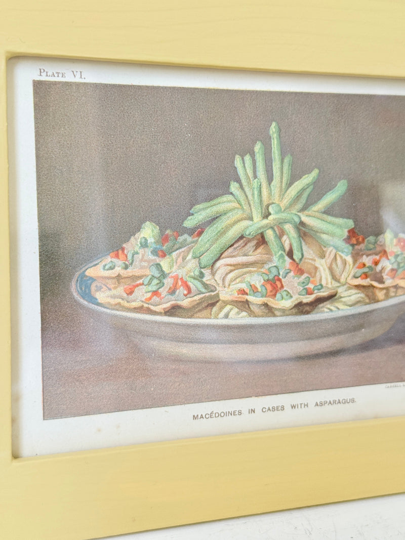 Framed antique Victorian cookery illustration from Cassell’s New Universal Cookery Book showing Macédoines with asparagus