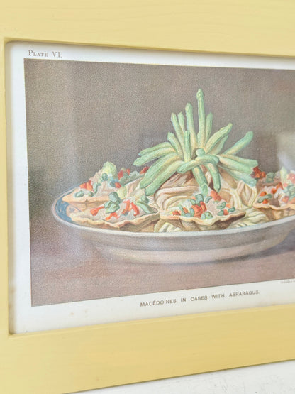 Framed antique Victorian cookery illustration from Cassell’s New Universal Cookery Book showing Macédoines with asparagus
