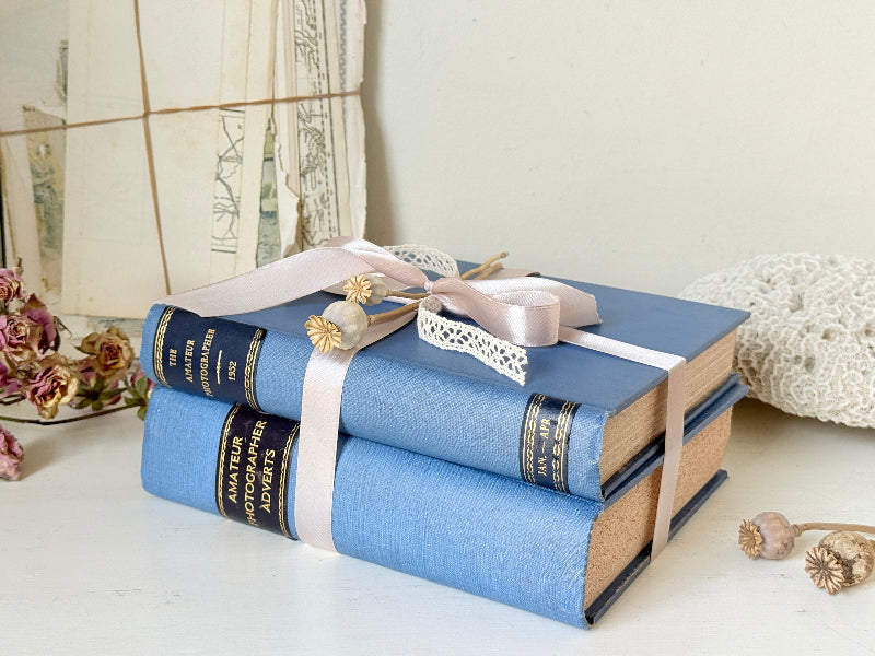 Pair of vintage Amateur Photographer books in blue cloth binding with gilt lettering tied with pale pink ribbon for shelf styling