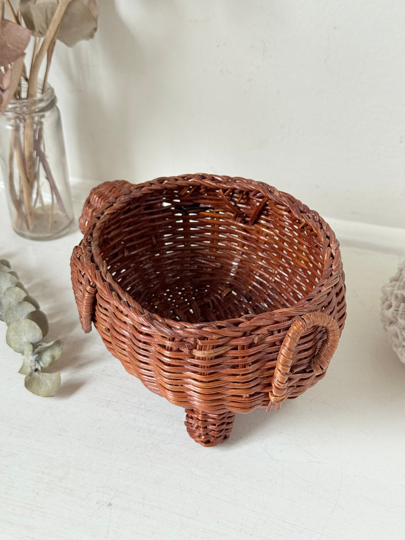 Vintage wicker pig basket planter in warm brown, photographed on a white surface