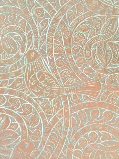 Vintage hand engraved copper tray with scalloped edge, bird and floral motif and warm aged patina for boho interiors