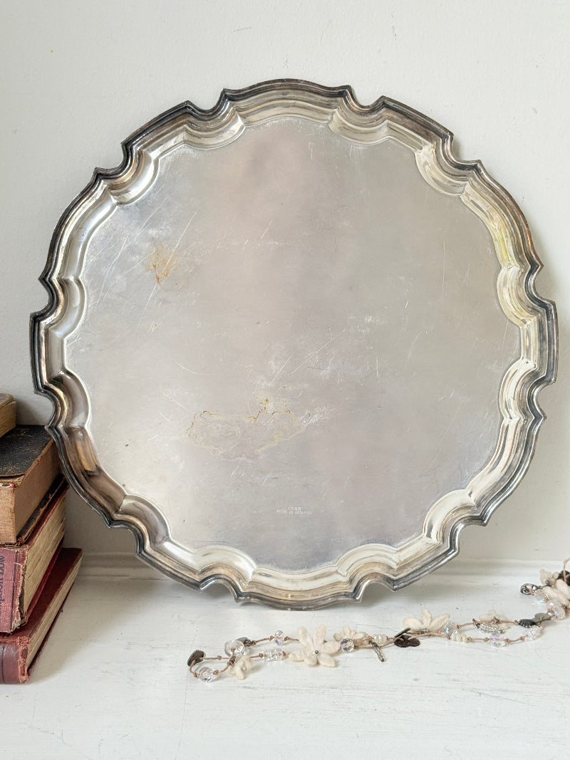 Vintage EPNS silver plate tray made in England with piecrust edge, floral scroll engraving and aged patina