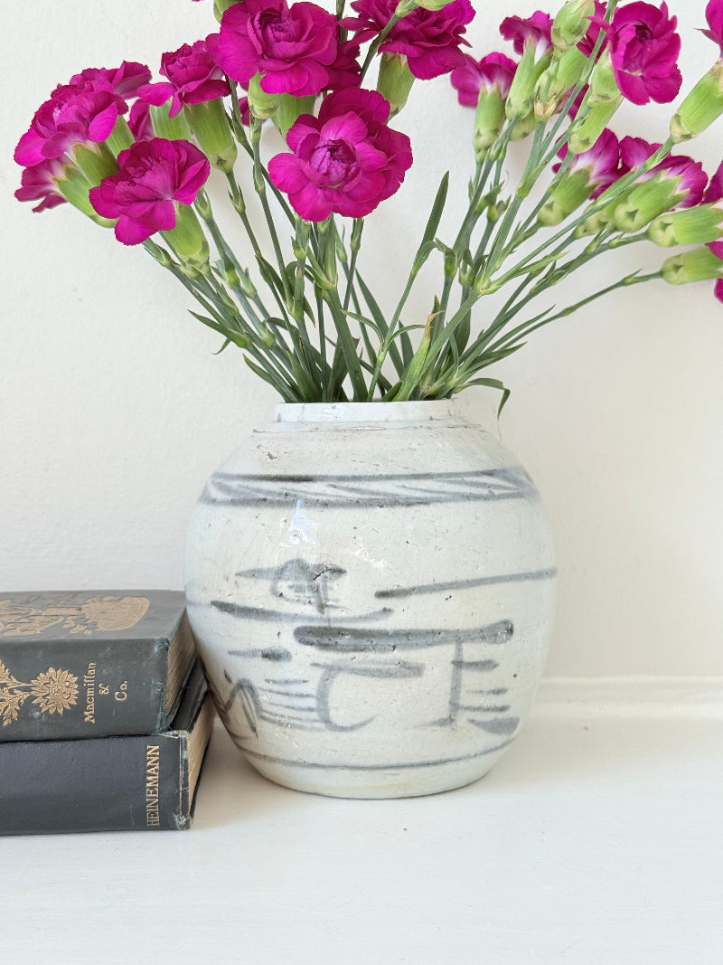 Antique Chinese ginger jar with blue brushwork, photographed on a white surface with vintage books and hydrangeas

