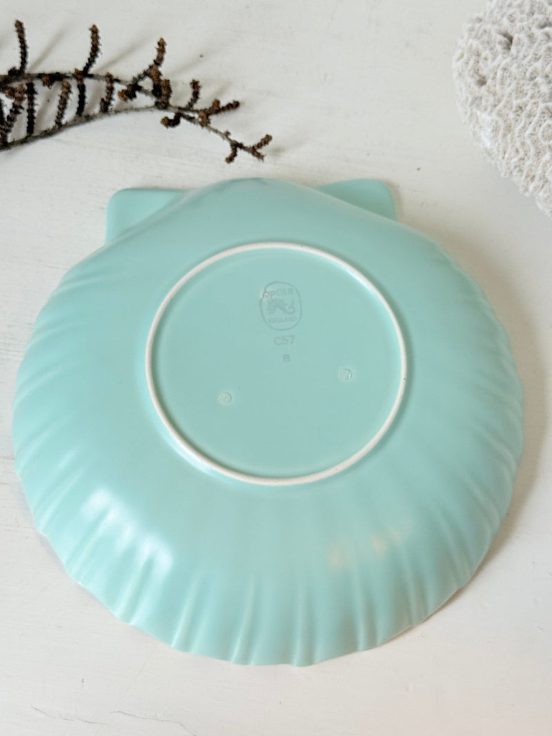 Poole Pottery scallop shell serving dish in white and seafoam glaze photographed on a white surface