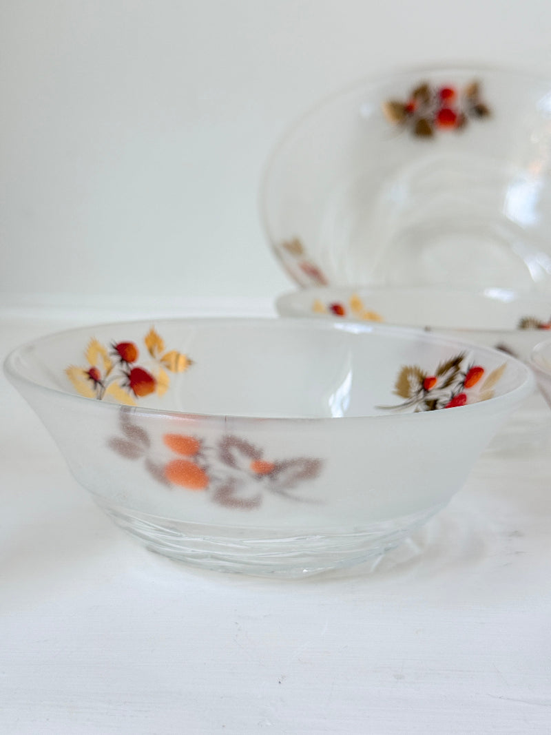 Vintage strawberry glass dessert set with serving bowl and six bowls hand decorated with berries and gold
