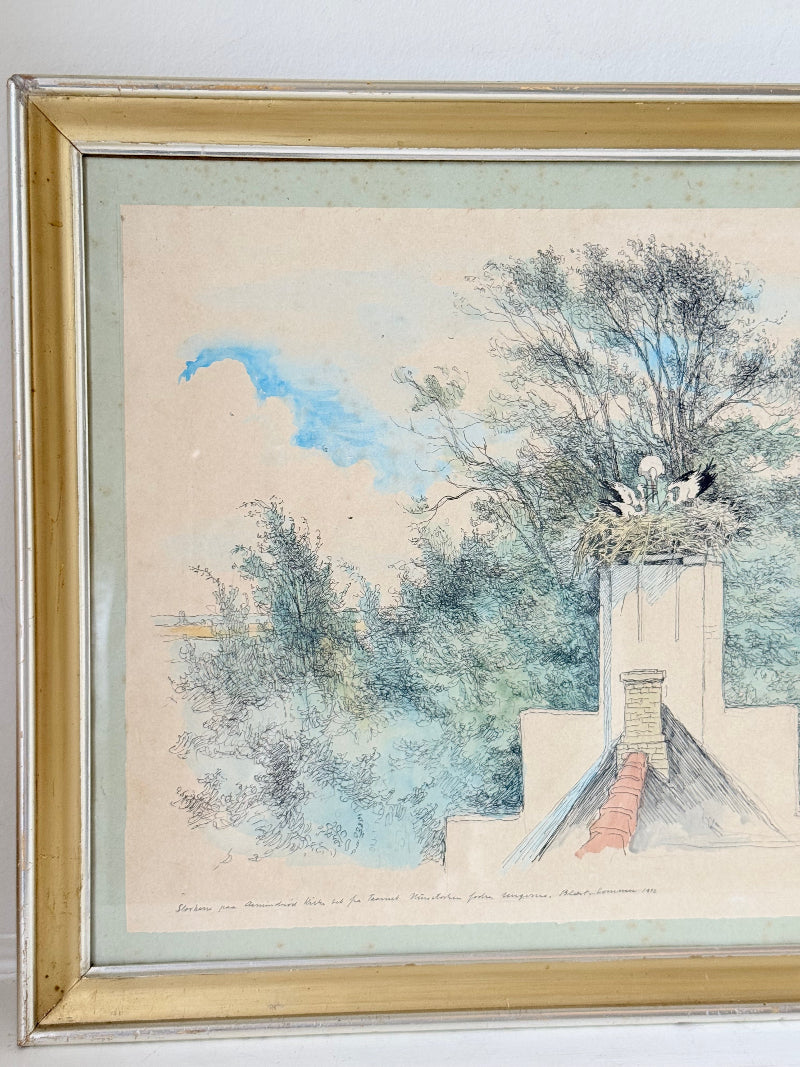 Vintage watercolour of birds nesting in chimney with trees and sky in gold frame
