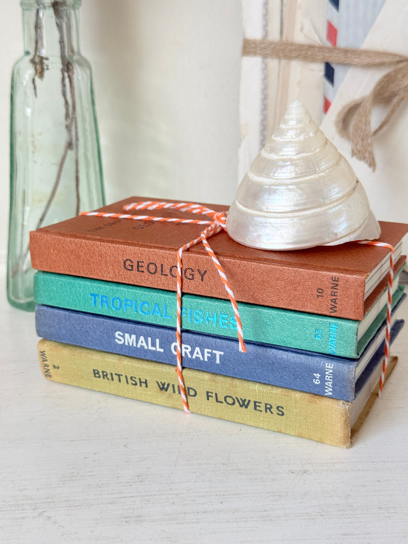A stack of four vintage hardcover books tied with red-and-white bakers twine, topped with a silver seashell. The books are labeled &