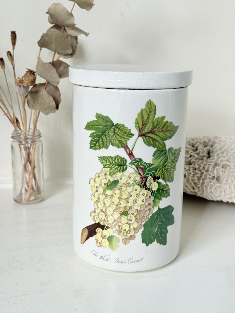 Vintage Portmeirion Botanic Garden ceramic canister with wooden lid and hydrangea design photographed on a white surface.
